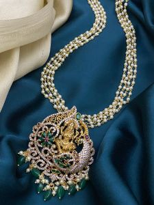 Matt Finish Lakshmi pendant with CZ stones with pearl chain