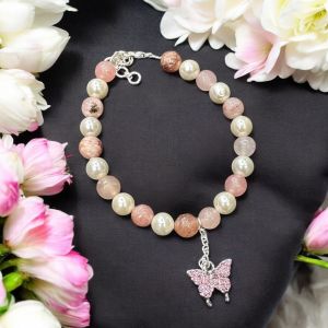 Swarovski replica pearl and pink agate bracelet with butterfly charms 
