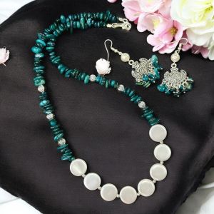 Neon Apatite gemstone chip with mother of pearl coin beads with matching earrings