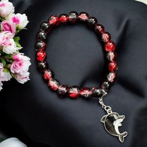 Crackle Bead Bracelet with enamel charms,Red and Black 