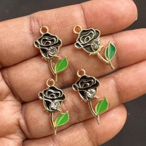Metal Enamel Charms,Rose,Black,Gold Finishing, Pack Of 4 Pieces