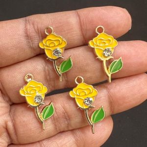 Metal Enamel Charms,Rose,Yellow, Gold Finishing,Pack Of 4 Pieces