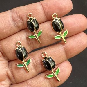 Metal Enamel Charms,Tulip,Black,Gold Finishing, Pack Of 4 Pieces