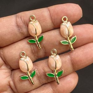Metal Enamel Charms,Tulip,Peach,Gold FInishing, Pack Of 4 Pieces