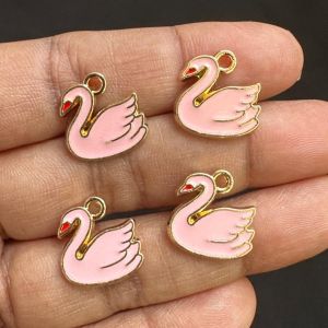 Metal Enamel Charms,Swan,Pink,Gold Finishing, Pack Of 4 Pieces