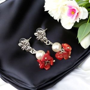 Gemstone Earrings with Pearls ,Coral