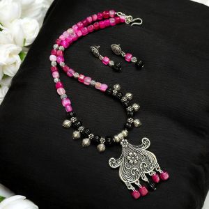 Onyx and Kohlapuri charms in oxidised silver pendant Neklace 