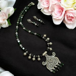 Onyx and Kohlapuri charms in oxidised silver pendant Neklace 
