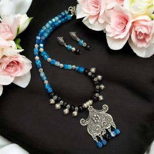 Onyx and Kohlapuri charms in oxidised silver pendant Neklace 