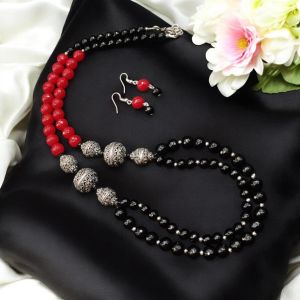 Black and red agates with German silver spacers Necklace with Earrings