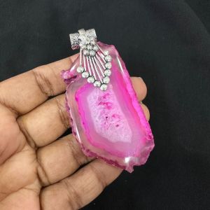 Natural Agate Slice Pendant, Silver Finish,Pink