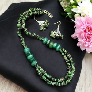 Ruby josite chips with onyx beads Necklace with Earrings