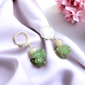 Gemstone Earrings with Pearls ,Green Aventurine