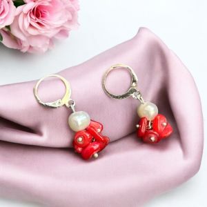 Gemstone Earrings with Pearls ,Coral