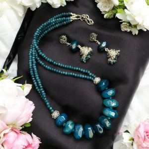 Onyx necklace with matching jhumkas,Blue