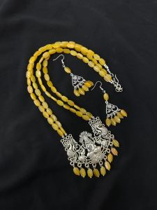 2 Layer Glass bead neckalce with oxidised silver lakshmi pendant Neacklace