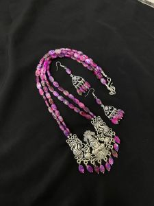 2 Layer Glass bead neckalce with oxidised silver lakshmi pendant Neacklace