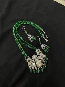 2 Layer Glass bead neckalce with oxidised silver lakshmi pendant Neacklace