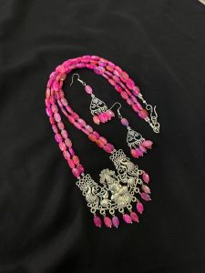 2 Layer Glass bead neckalce with oxidised silver lakshmi pendant Neacklace