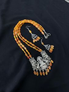 2 Layer Glass bead neckalce with oxidised silver lakshmi pendant Neacklace