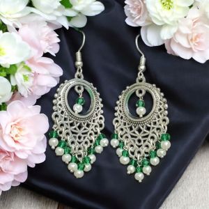 Pearl with Crystal Earrings, Silver Finish 