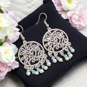 Pearl with Crystal Earrings, Silver Finish 