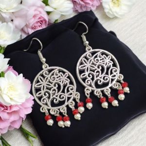 Pearl with Crystal Earrings, Silver Finish 
