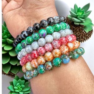 Printed Glass Bead Bracelets , Assorted,Pack of 6 pieces