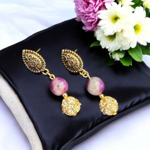 Agate and Designer beads Earrings, Silver Finish 