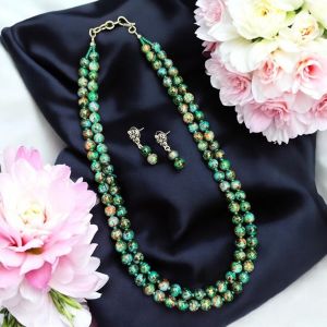 2 Layer Printed Glass Beads Necklace With Earrings 