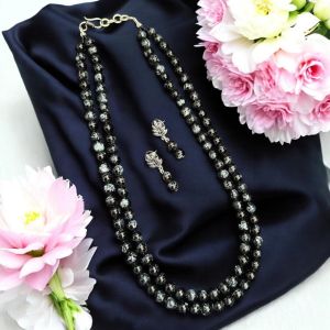 2 Layer Printed Glass Beads Necklace With Earrings 