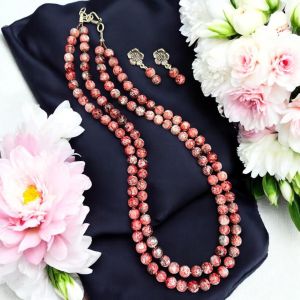 2 Layer Printed Glass Beads Necklace With Earrings 