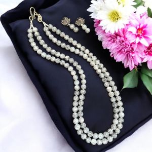 2 Layer Printed Glass Beads Necklace With Earrings 