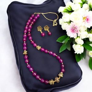 2 Layer Printed Glass Beads Necklace With Earrings 