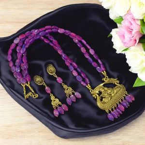 Printed glass beads necklace with oxidised gold pendants,Purple
