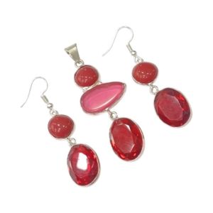 Gemstone Pendant with Matching Earrings, Coral Red