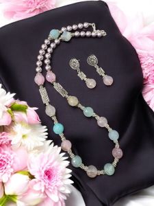 Swarovski replica pearls in 2 layers with zircon balls in grey and cream combo Necklace