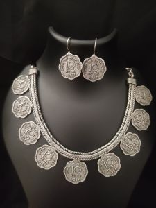 Silver Replica ,Coin Design Necklace with Earrings