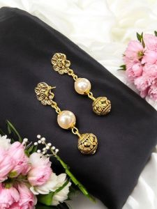 Pearl and Metal Beads Earrings,Gold Finish