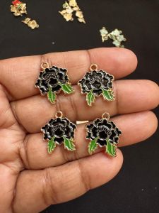 Metal Enamel Charms,Flower,Black,Gold Finishing, Pack Of 4 Pieces