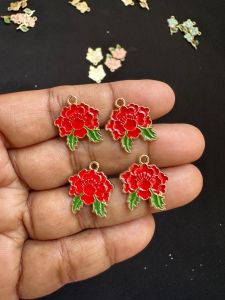 Metal Enamel Charms,Flower,Red, Gold Finishing,Pack Of 4 Pieces