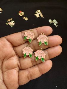 Metal Enamel Charms,Flower,Pink,Gold Finishing, Pack Of 4 Pieces