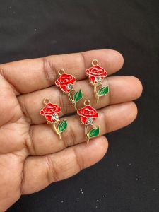 Metal Enamel Charms,Rose,Red, Gold Finishing,Pack Of 4 Pieces