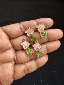 Metal Enamel Charms,Rose,Pink,Gold Finishing, Pack Of 4 Pieces