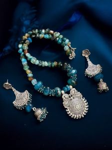 Peacock blue onyx necklace with oxidised pendant and long danglers 