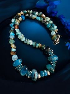 Peacock blue onyx necklace without pendant and long danglers