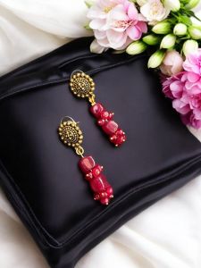 Pinkish Maroon agate earring,Gold Finish