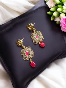 Victotrian Beads and square agate earring,Gold Finish