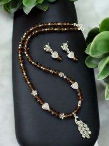 Crystal Necklace with Oxidised silver peacock pendant with matching earrings : Honey Brown 