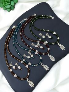 Crystal Necklace with Oxidised silver peacock pendant,Assorted,Pack of 4